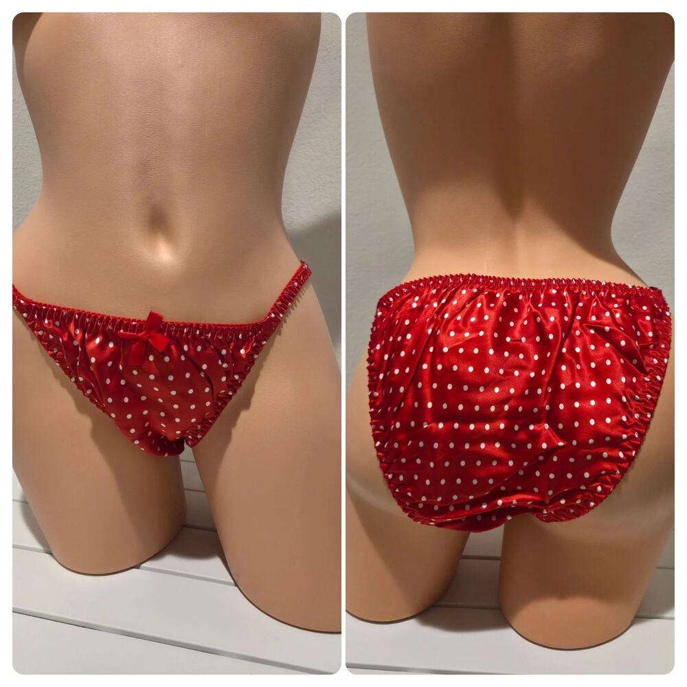 Liquid Satin String Bikini Panty Shiny Double Silk Polka Dot Print Red White